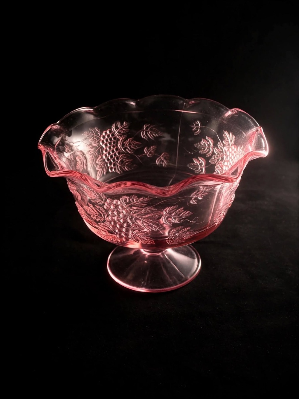 : Vintage Pink Depression Glass Footed Compote Grape/Vine Ruffed/edge Compote